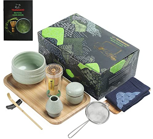 TEANAGOO Komplettes Matcha Set mit Tablett, Bambus-Matcha-Schneebesen (Chasen), Löffel (Chashaku),Schneebesenhalter, Teezubereitungsset，2,8 oz tragbarer Aufbewahrungsbehälter O6, Grüntee-Pulver-Kit