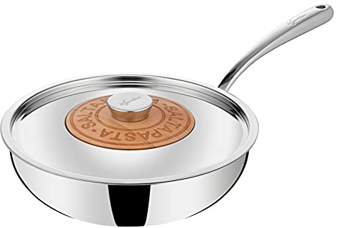 Lagostina Emozione Wok Saltapasta + Coperchio con Inserto in Ciliegio, Pentola Induzione e Gas in Acciaio Inox 18/10 e Legno, con Fondo Lagotherm Triplo Strato e Ampi Manici Saldati