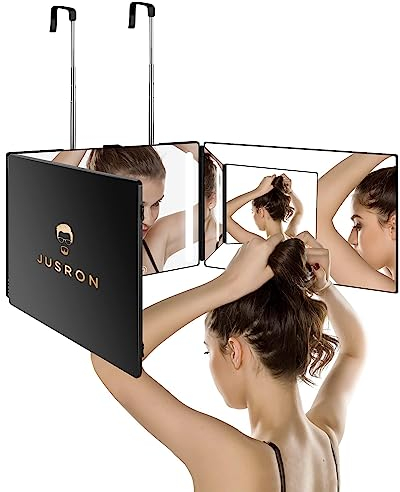 JUSRON 360 Grad Spiegel mit Licht, Klappspiegel 3 Teilig Haare Selbst Schneiden, Höhenverstellbarer&Wiederaufladbarer Kosmetikspiegel Rasierspiegel Friseurspiegel für Makeup Rasieren Frisieren