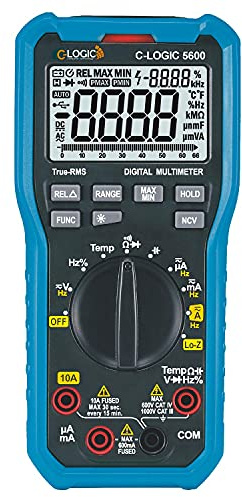 C-LOGIC 5600 Multímetro Digital TRMS Low Z Baja Impedancia CAT IV 66000 cuentas NCV Tension DC/AC 1000V Corriente AC/DC 10A Resistencia 66MΩ Temperatura Capacitancia 66mF Frecuencia 66MHz Autoescala