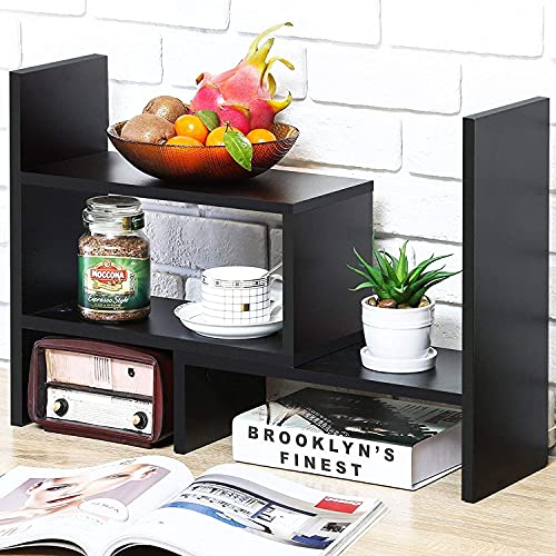 Voency Estantería pequeña de sobremesa, organizador de libros de madera, estantería ajustable y extensible para suministros de oficina, decoración del hogar y cocina, negro