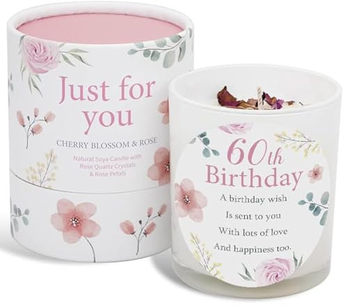 60th Birthday Candle Makes a Great Gift for 60th Birthday Gifts - Ideal for Sixtieth Birthday Gift SOYA Candle with Rose Quartz and Rose Petals