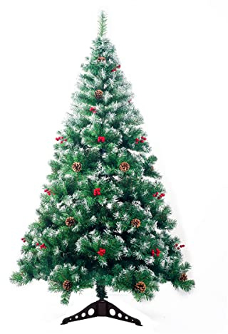 Künstlicher Weihnachtsbaum 120 cm mit Schnee-Effekt und Tannenzapfen - Weihnachtsbaum Metallständer Metall Standfuß Schnee Beeren Rot Grün (P-14554)