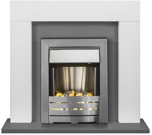 Adam Dakota Fireplace in Pure White & Grey with Helios Electric Fire in Brushed Steel, 39 Inch