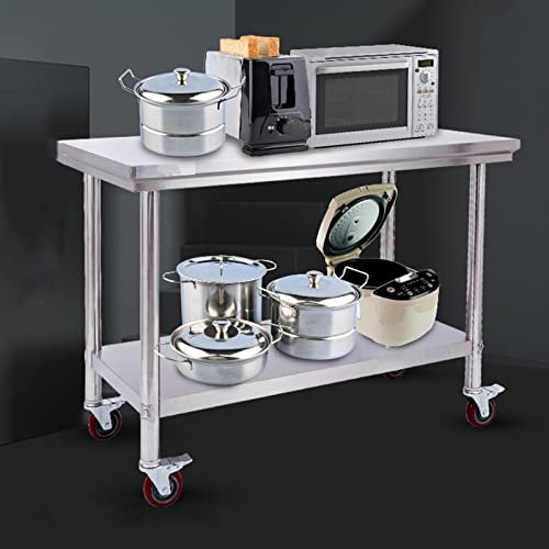 DINGFAN Carro Cocina, Mesas de Trabajo de Acero Inoxidable Comerciales, Mesa de Cocina de 2 Capas para preparación de Alimentos con Ruedas para Casa, Bar, Restaurante (Tamaño : 60x60x87cm)