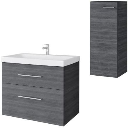 Planetmöbel Badmöbel Set Waschtisch mit Unterschrank 63 x 60 x 36,5 cm, inkl. Midischrank, moderner Waschbeckenunterschrank für Badezimmer, Gäste Bad & WC, Anthrazit