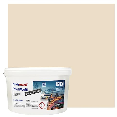 Preismaxx Profiweiß Wandfarbe beige 5L, hohe Deckkraft, Dispersionsfarbe innen, Innenwandfarbe Raumfarbe cremefarben deckend, Deckkraftklasse 2, matt Innenfarbe Profi Qualität