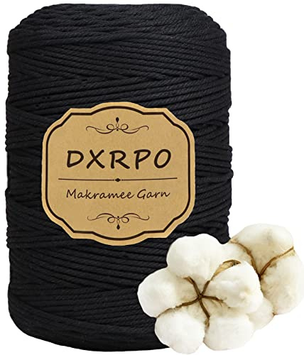 DXRPO Makramégarn/bomullsgarn, 3 mm x 300 m, makramérep för gör-det-själv-makramé som vägghänge, blomkorg, juldekoration, presenter till goda vänner, växthängare eller boho-dekoration, svart