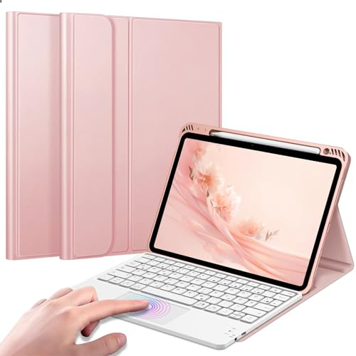 FINTIE Tastatur Hülle für iPad Air 11 Zoll, iPad Air 5./4. Gen (10,9 Zoll) | Magnetisch abnehmbare deutsche Bluetooth-Tastatur mit Touchpad, weiche Schutzhülle mit Stifthalter, Roségold