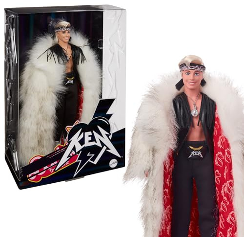 Barbie Le Film Poupée Articulée Ken en Tenue Rocker Rebelle, avec Grand Manteau, Gilet À Franges Noir Et Bandana, Socle Inclus, À Collectionner, Jouet Enfant, A Partir De 3 Ans, HRF31
