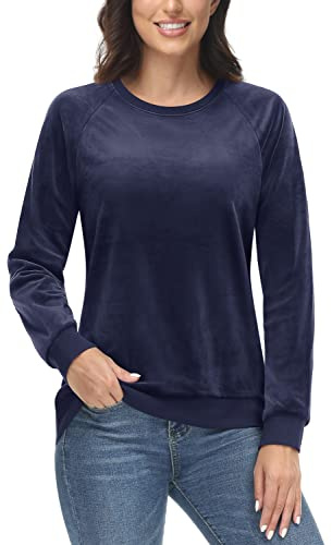 TACVASEN Sweat-Shirt a Col Rond pour Femmes Pull-Over d'hiver en Velours Hauts sous-Vêtements Doux Chemises Bleu Marine,M