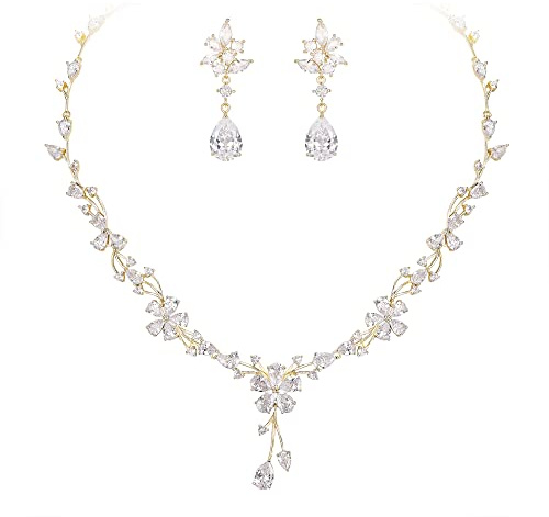 EVER FAITH Parures Bijoux de Mariée Zircone Cubique Fleur Collier Boucles d'oreilles de Mariage pour Femme Clair Ton d'Or