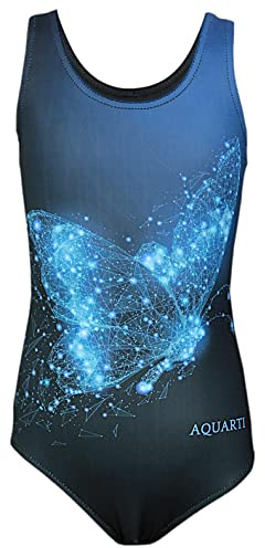 Aquarti Bañador Niña con Estampado y Espalda Nadadora, Azul Mariposa/Negro, 146