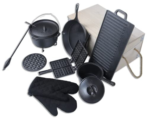 SUBTLETY Dutch Oven Set en Fonte Massive à Paroi Épaisse BBQ Casserole à Feu Inclus Poêle Hollandaise Frire Poêle Plaque de Cuisson Lait Poêle Crochet à Main Socle Four à Fusée Pot (12 Pièces)