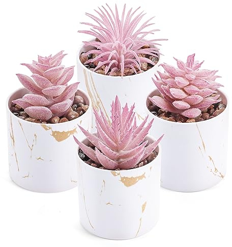 Der Rose Pink Faux Succulent in Pot (4-Pack) - Zero Maintenance Artificial Plants for Home Office Desk Decor, Set, Wedding & Allergy-Free Interior Styling