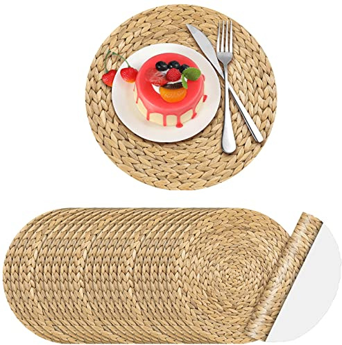 Dandat 100 Pcs Disposable Printed Woven Paper Placemats Bulk 11 Inch Round Wicker Printed Chargers Place Mat Farmhouse Braided Rattan Tablemats for Wedding Dinner Party(Light Brown)