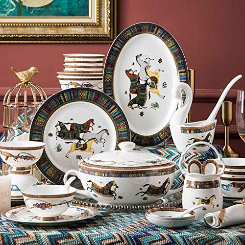 Piatti Piani, Set di stoviglie in Ceramica, Servizio da tavola in Porcellana con Motivo a Cavallo in Stile Europeo da 48 Pezzi