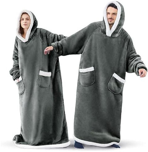 Oversized Decke Hoodie Sweatshirt,Tragbare Decken,Kuscheldecke mit Ärmeln | Dunkelgrau,Flauschige Flanell TV-Decke mit Ärmel,Sherpa Kapuzenpullover für Damen\Herren,ÖKO-TEX Zertifiziert,Ganzkörperdecke
