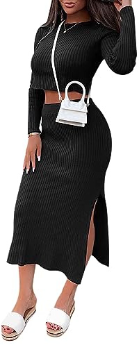 ORANDESIGNE 2 Pezzi Donna Completo Elegante Gonne Maglina + Maglietta Maniche Lunghe Costine Set Maglie Aderenti Invernale Coordinato Abbigliamento Tuta Tubino Completino Nero M