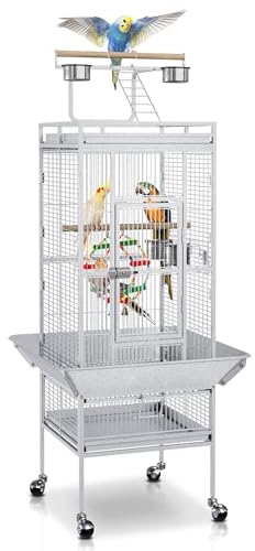 SUPER DEAL PRO 61-inch 2in1 Large Bird Cage with Rolling Stand Playtop Parrot Chinchilla Finch Cage Macaw Conure Cockatiel Cockatoo Pet House Wrought Iron Birdcage, White