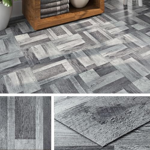 Livelynine 32-Tiles Grey Laminate Wood Flooring Peel and Stick Waterproof Floor Tile Kitchen Bathroom RV Basement Stairs Luxury Vinyl Plank Flooring Dark Gray Wood Vinyl Planks Renter Friendly 12x12