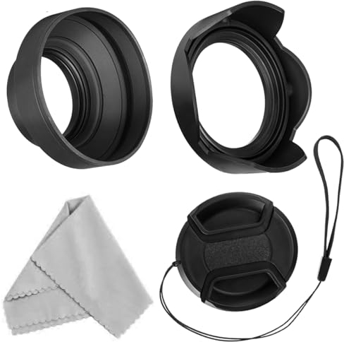 67mm Lens Hood Set, Collapsible Rubber Lens Hood with Filter Thread + Reversible Tulip Flower Lens Hood + Center Pinch Lens Cap + Microfiber Lens Cleaning Cloth, Canon EW-73B Replacement