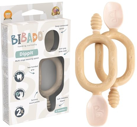 Bibado - Cucchiai e cucchiai Dippit, cervo (confezione da 2) – Dipper morbido e masticabile e cucchiaio profondo – Impugnatura sensoriale a due mani – Set per svezzare il bambino – Cucchiaio per