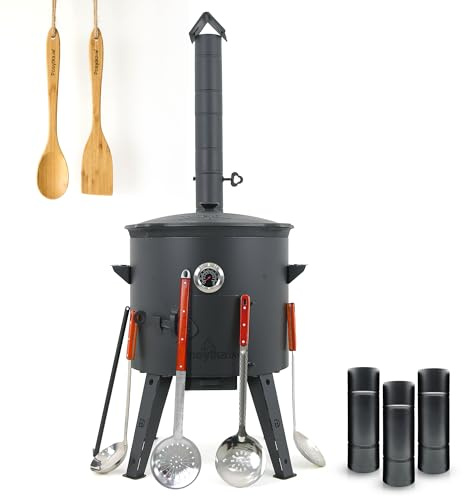 Gusseisen Kazan 16 L Kasan Казан mit Feuerofen Utschak Ø 44 cm flacher Boden Verlängerungsrohr Schöpfkelle Spachtel Schaumlöffel für Plov Holzlöffel Учак Учаг Uchag Asia (Set 6)