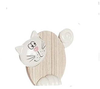 DRW Figura Gato Madera y Ceramica Blanco y Natural 8x2.5x10 cm