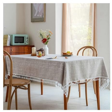 AMDXD Tischtuch, Kariert Tischdecken Baumwolle Leinen, Tischtuch für Draußen Sommer Tischschutz für Drinnen Draussen Garten Esszimmer und Party, 140x140CM, Braun