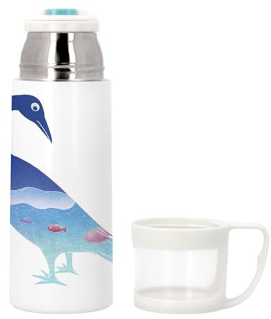 Bouteille thermo en Inox avec Tasse Intégrée - Illustration Artistique Oiseau et Poisson Dessin Art - 350ml - Bouteille Isotherme