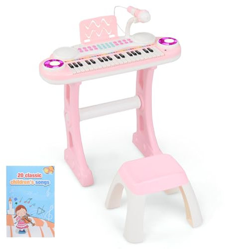 COSTWAY 37-Key Kids Electronic Keyboard with Stool, Microphone, Flashing Lights, Record & Playback, Musical Instrument Toy Piano for Boys Girls (Pink)