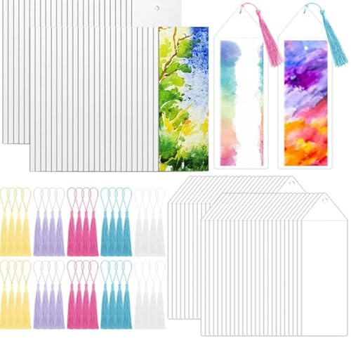 TenaLucy Aquarellpapier,Blanko Aquarell Lesezeichen 50 Weiße Lesezeichen und 50 Quasten Leere Lesezeichens mit Löch Lesezeichens Blanko,für Postkarten,Grußkarten,DIY Geschenkanhänger