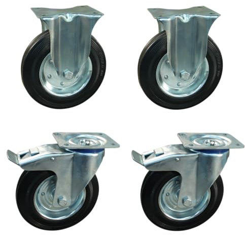 Rollensatz 2x Lenkrolle mit Bremse 2x Bockrolle, 80mm Durchmesser, Gummi Lauffläche, 108mm Bauhöhe