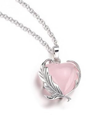 GEHECRST Edelstein Damen Halskette Kristall Kette | Silber Flügel Wrap Rosenquarz Herz Anhänger mit Kette Liebe Amulett Segen Schmuck Herzförmige Amulett