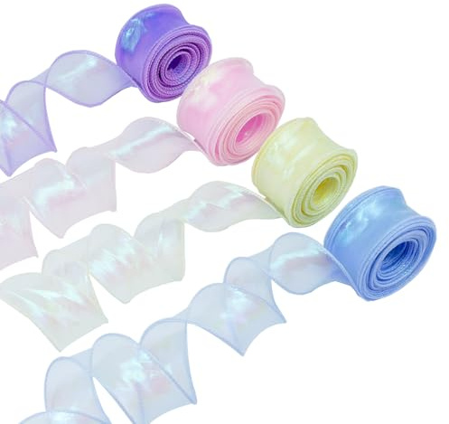 Geschenkband Organza, 4 Rollen 40mm x9 m, Schimmerndes Transparentes Chiffonband für Geschenkverpackung, Hochzeit, Schleifen, Basteln