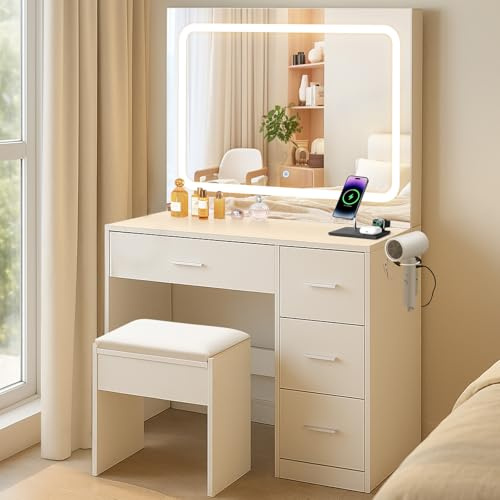 LEMROE Dressing Table with LED Mirror and Stool, Vanity Makeup Table Set with 5 Drawers, Power Sockets & Hair Dryer Rack, Adjustable Brightness for Bedroom Women Girls