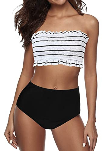 Bikini Oberteil Schwarz Rüschen Bandeau Top Damen Hoch Tailliertes Bikini Set Für Damen Trägerloser Bandeau Mit Rüschen Gepolstert Zweiteiler Sommer Schwimmanzug (White M)