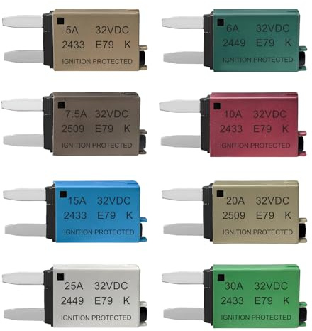NYTKL 8PCS ATM Manual Resettable Fuse, 5A 6A 7.5A 10A 15A 20A 25A 30A Low Profile Mini Blade Fuses, 32V DC Auto Circuit Breaker Reset Fuses Assortment Kit for Boat Car Truck RV SUV