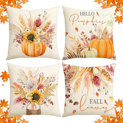 HuaMuDM Otoñal Cojines Decorativos, 4 Piezas Fundas de Cojín Acción45 X 45 cm, Fundas de Cojín Calabaza, Graciasfundas de Cojín, Funda de Almohada Otoño, para Oficina, Dormitorio, sofá,decoración