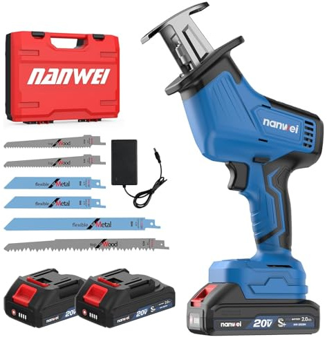 NANWEI Scie sabre sans fil, moteur sans balais, scie universelle sans fil avec 2 batteries et chargeur, scie électrique à variable, avec 6 lames de scie pour couper le bois (avec 2 batteries)