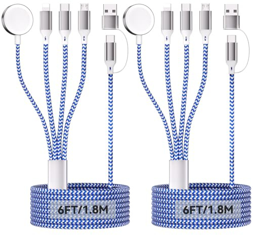 2Pack 4 in 2 Multi Fast Charger for A pple Watch, 1.8M/6FT USB A/C to iOS Port/Type C/Micro USB/iWatch Nylon-Braided Charging Cable Compatible for iWatch Ultra/SE/1-11/iPhone/iPad/AirPods/Galaxy
