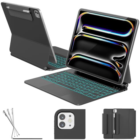 RAYMCRAFT Funda de teclado para iPad Pro de 13 pulgadas (M5/M4), soporte | Retroiluminación de 11 colores, hebilla de lápiz, superficie resistente a las manchas, teclado mágico para iPad Pro de 33 cm