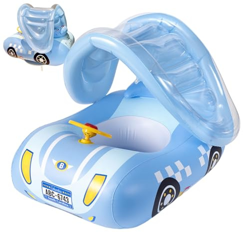 Baby Float with Canopy, Inflatable Car Shape Toddler Pool Float with Seat & Steering Wheel for Girls, Boys 1-6 Years, Baby Pool with Canopy