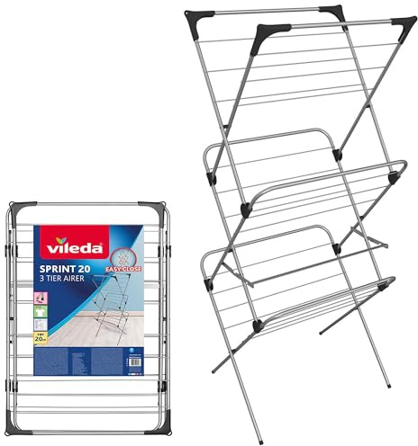 Vileda 3 Tier Clothes Airer Sprint 20m Washing Line | Foldable Indoor Clothes Drying Rack Includes 4 Corner Hooks for Clothes Hangers | Non-Slip Feet and Steel Frame | Holds 2 Washloads