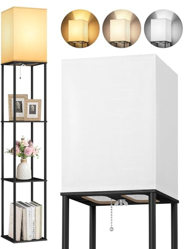 OUTON Lampada da terra con 3 ripiani, piantana design moderno con ripiano | in legno, libreria alta a 3 temperature di colore, LED lettura regolabile, Salotto, Camera, Ufficio (Nero)