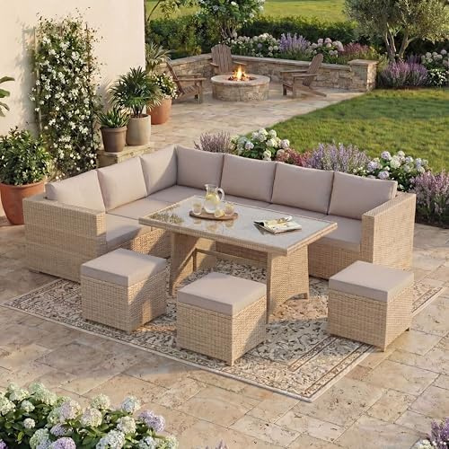 Garden Vida Belgrave 9 Seater Rattan Set With Cover | Natural | Outdoor Patio Garden Table Set | Steel Frame & PE Wicker | Weather Resistant, Tempered Glass, Cushions, Sofa Set, Stools + Cover