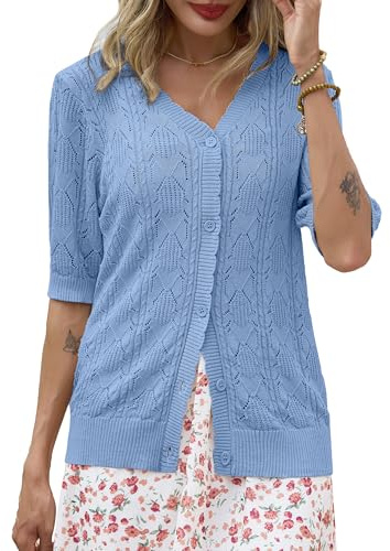 Lovasy Cárdigan de Verano para Mujer Punto Calado con Cuello en V y Manga Corta Cárdigans Ligero con Abertura de Botones para Uso Diario