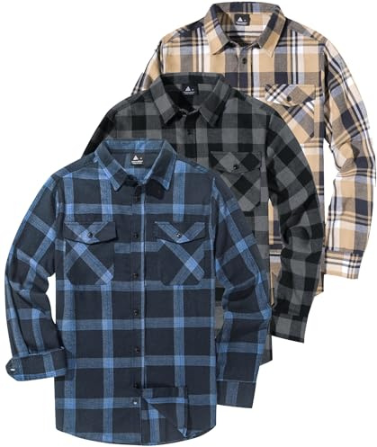 ZITY Confezione da 3 Camicie da Uomo in Flanella A Quadri A Maniche Lunghe in Cotone da Boscaiolo Camicia Abbottonata Calda per Il Tempo Libero vestibilità Regolare Camicia Quadri con Tasca sul Petto