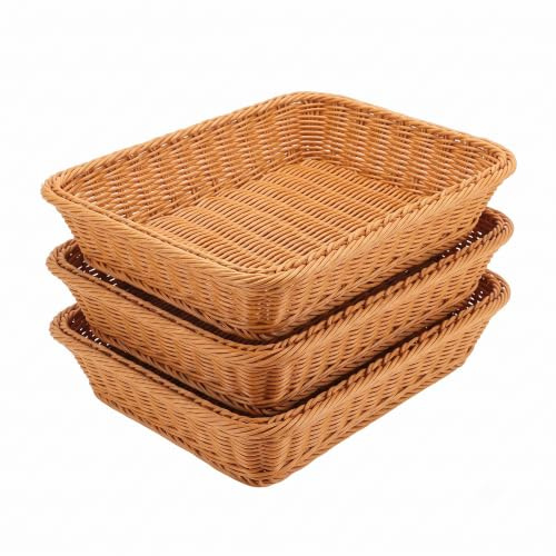 KEILEOHO 3 Pcs Rectangular Wicker Basket, Large Poly Imitation Rattan, 35x25x7cm for Food and Fruit